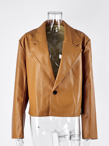 Oversized Brown Faux Leather Blazer Jacket