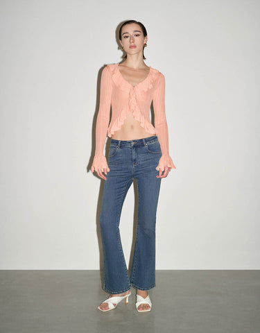 Urban Revivo Ruffle V-Neck Skinny Knitted Cardigan-Light Pink