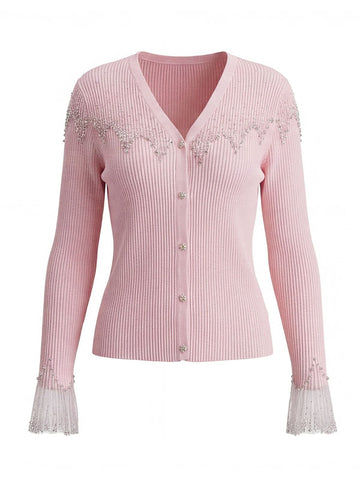 Embellished Ribbed V Neck Cardigan