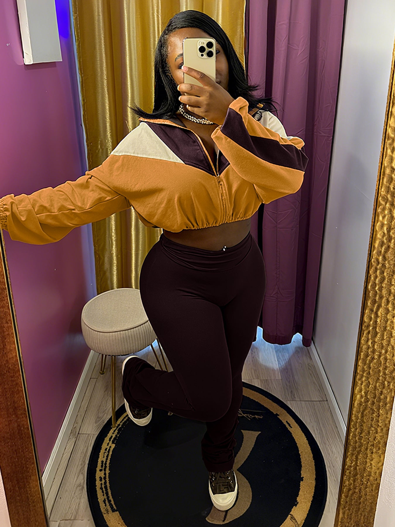 Colorblock Zipper Casual Pant Set