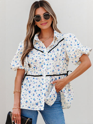 Floral Puff Sleeve Button Down Shirt