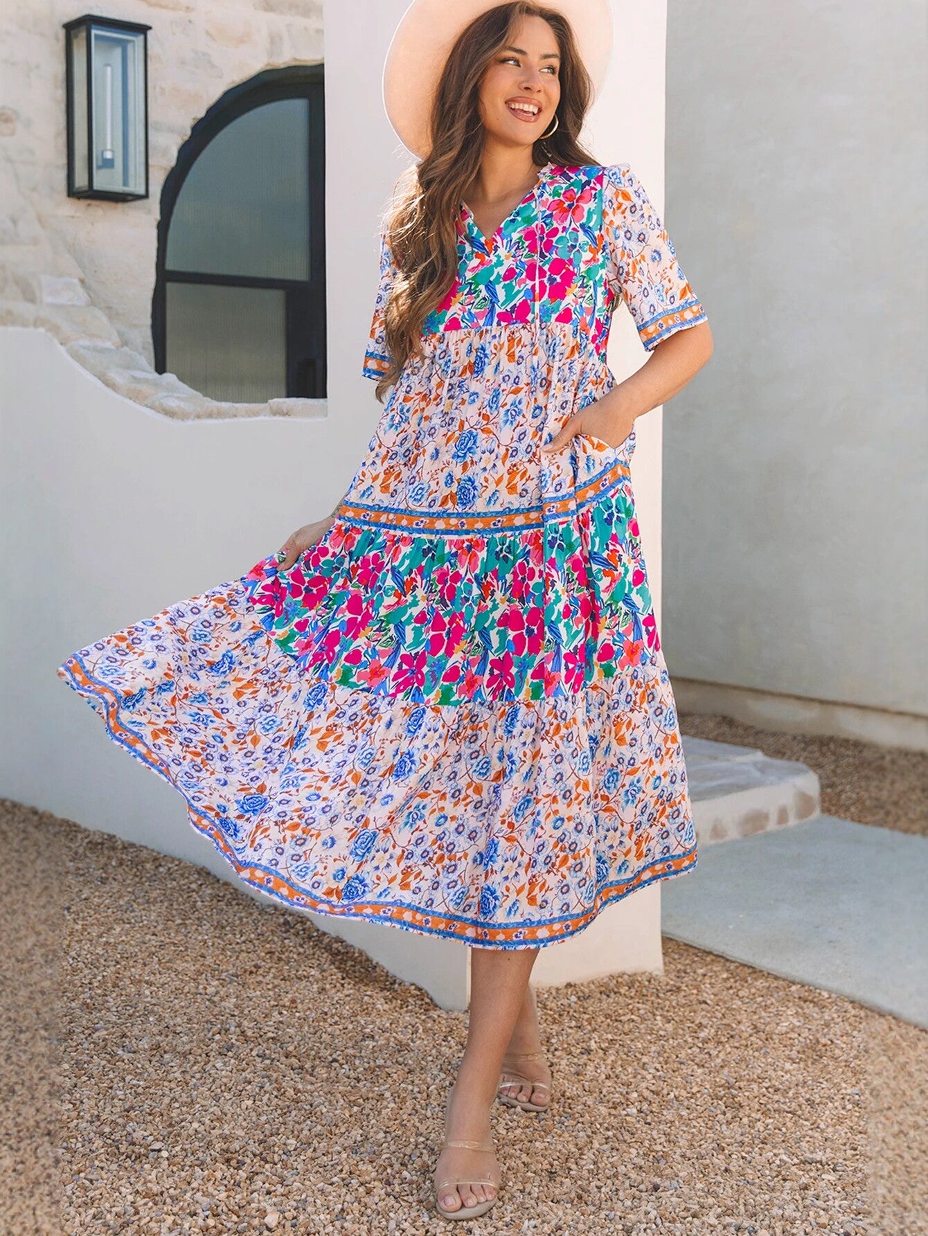 Floral Print V Neck Midi Dress