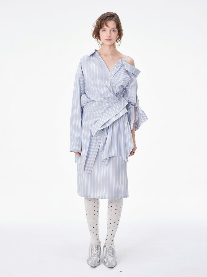 Asymmetrical Striped Cold Shoulder Shirt Dress