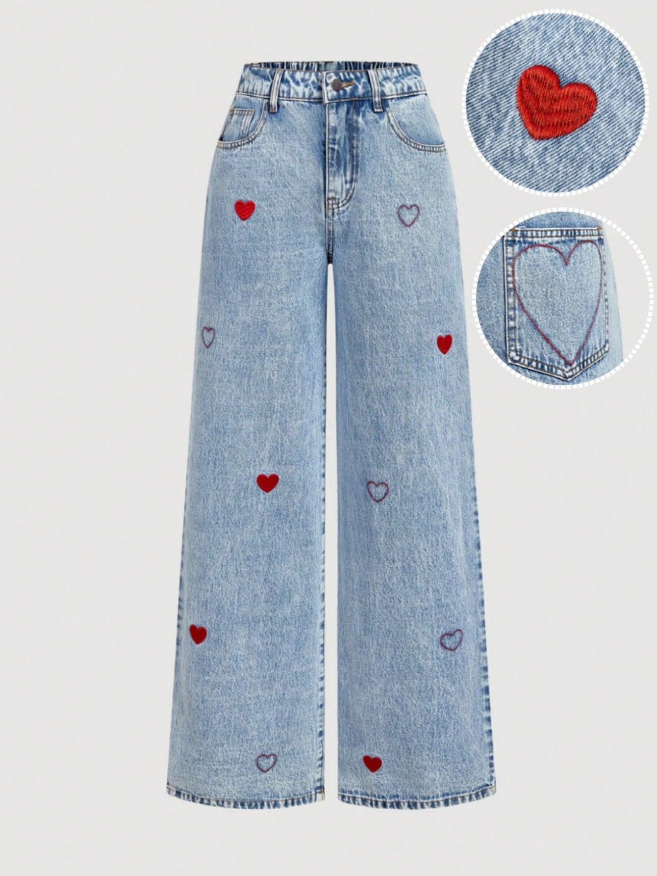 Embroidered Heart Wide Leg Jeans