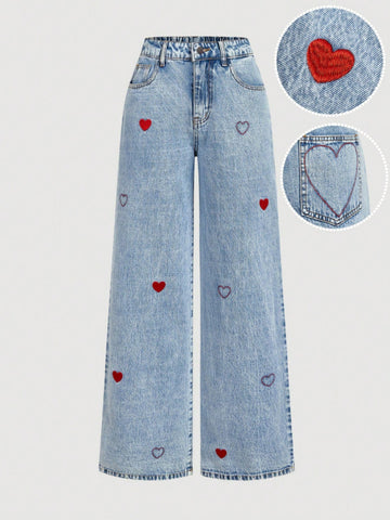 Embroidered Heart Wide Leg Jeans