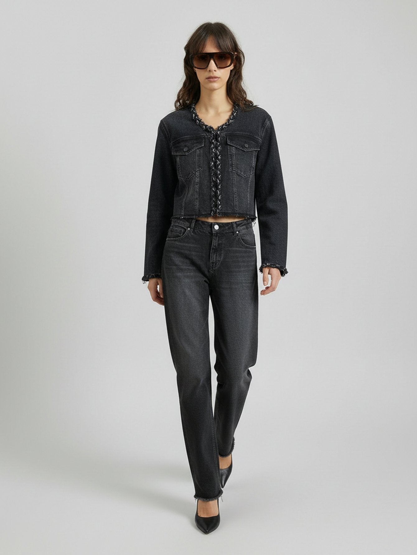 Cropped Collarless Denim Jacket