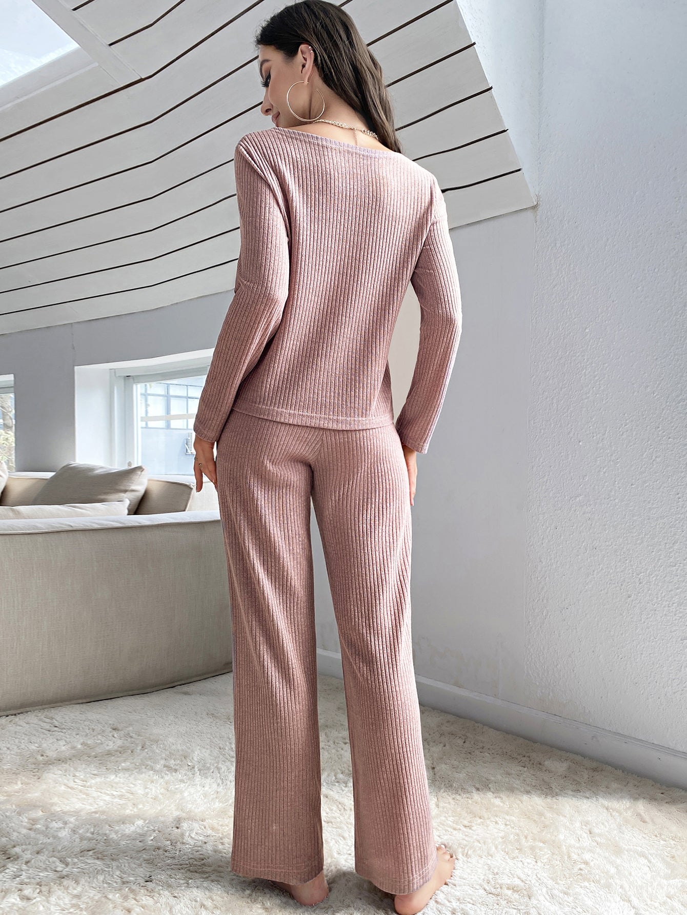 Soft Ribbed Button Down Lounge Set