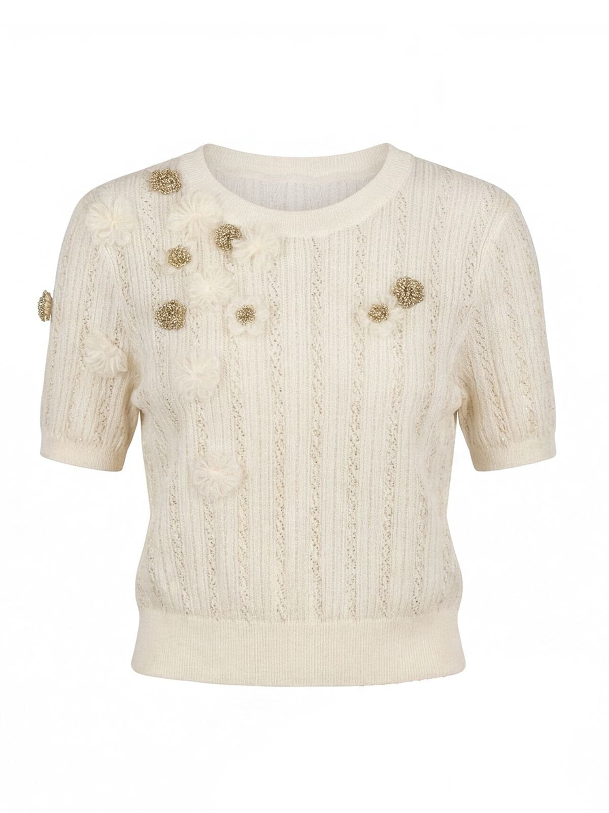 Floral Embellished Ribbed Knit Sweater