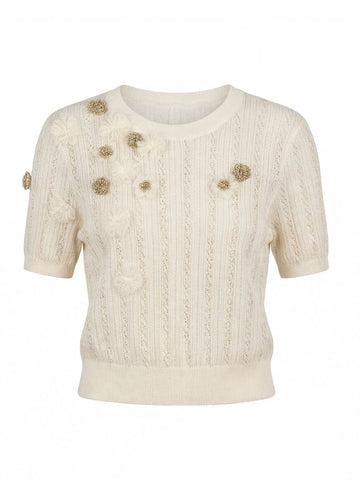 Floral Embellished Ribbed Knit Sweater