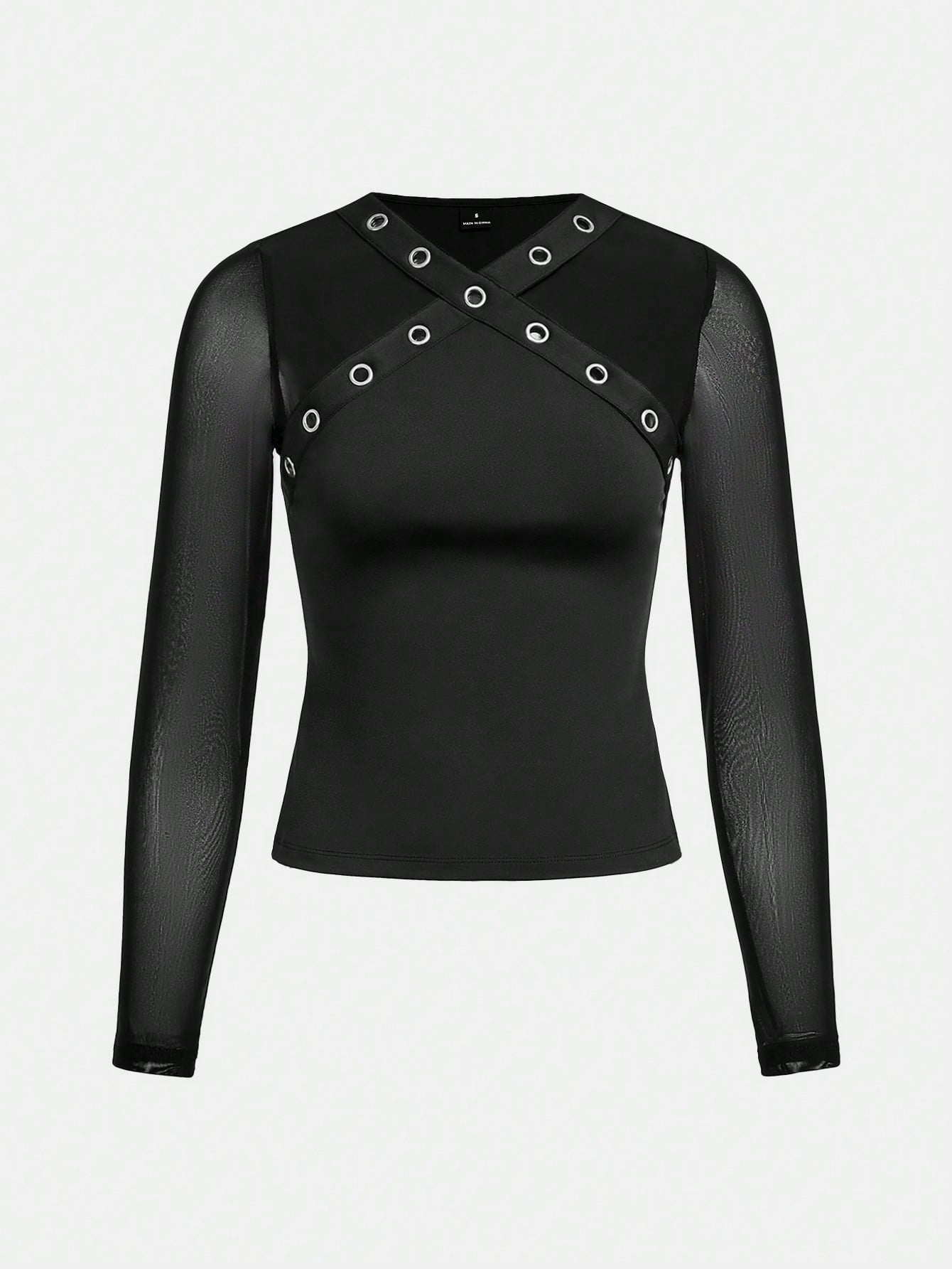 Stretchy Grommet Detail Mesh Top