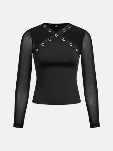 Stretchy Grommet Detail Mesh Top