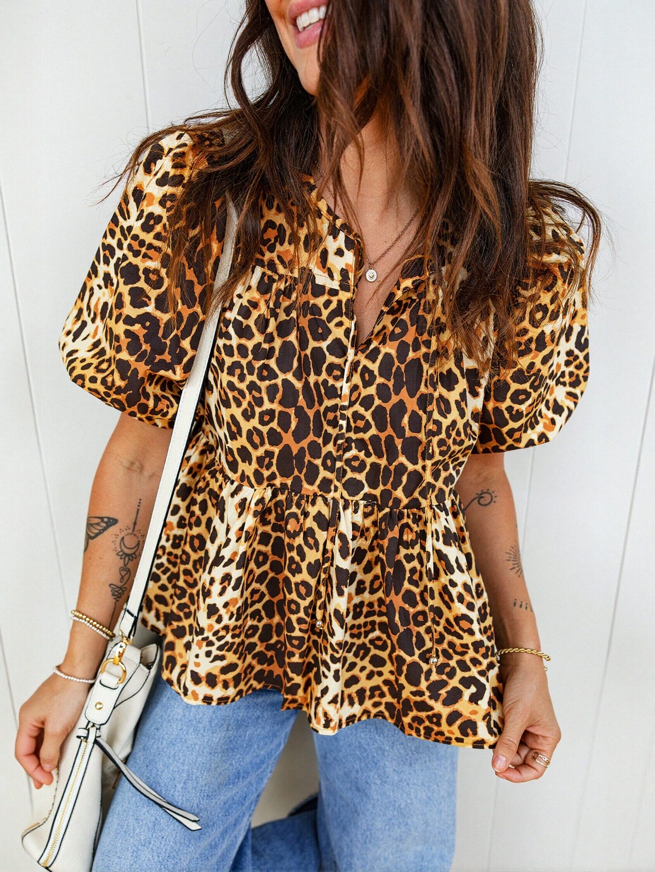 Leopard Print Puff Sleeve Peplum Top