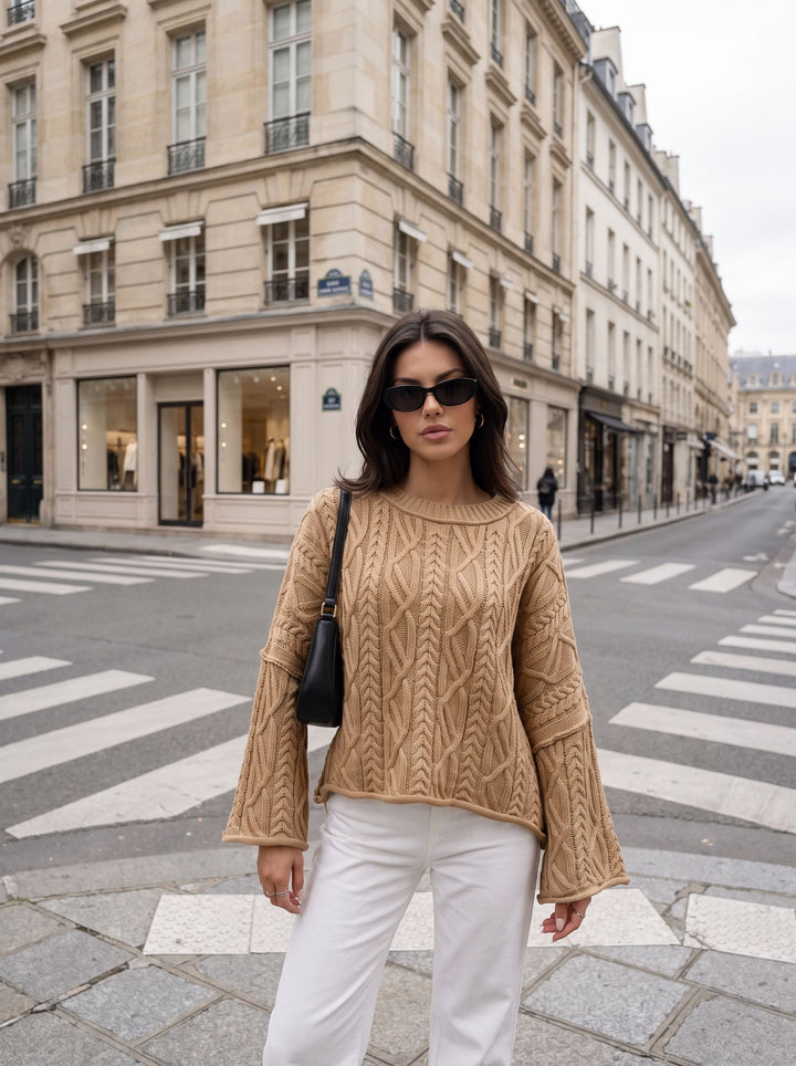 Oversized Cable Knit Bell Sleeve Sweater