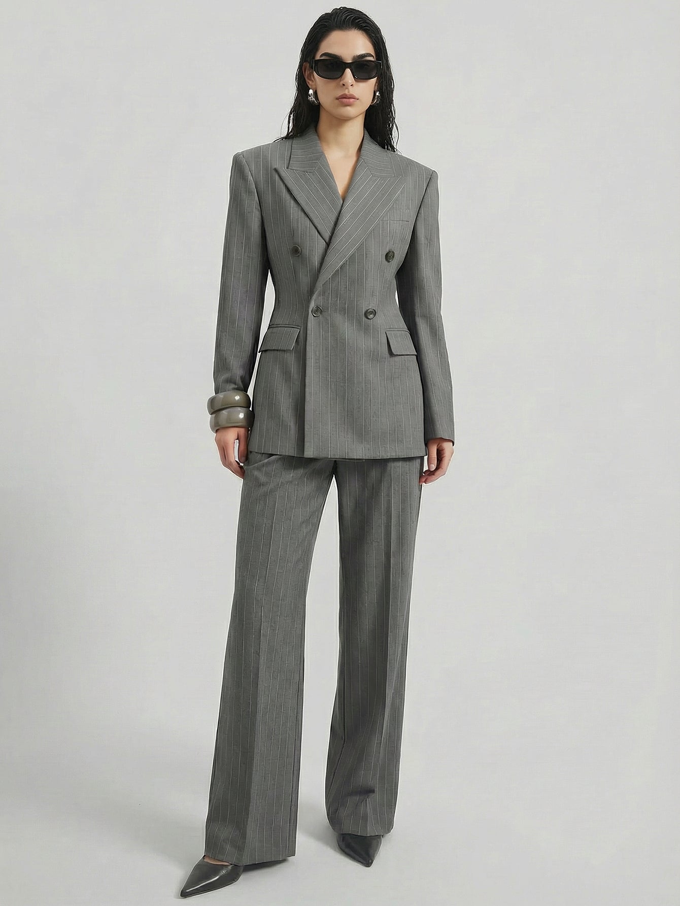 SAÏA Peaked Lapel Double-Breasted Tailored Waist Blazer-Gray