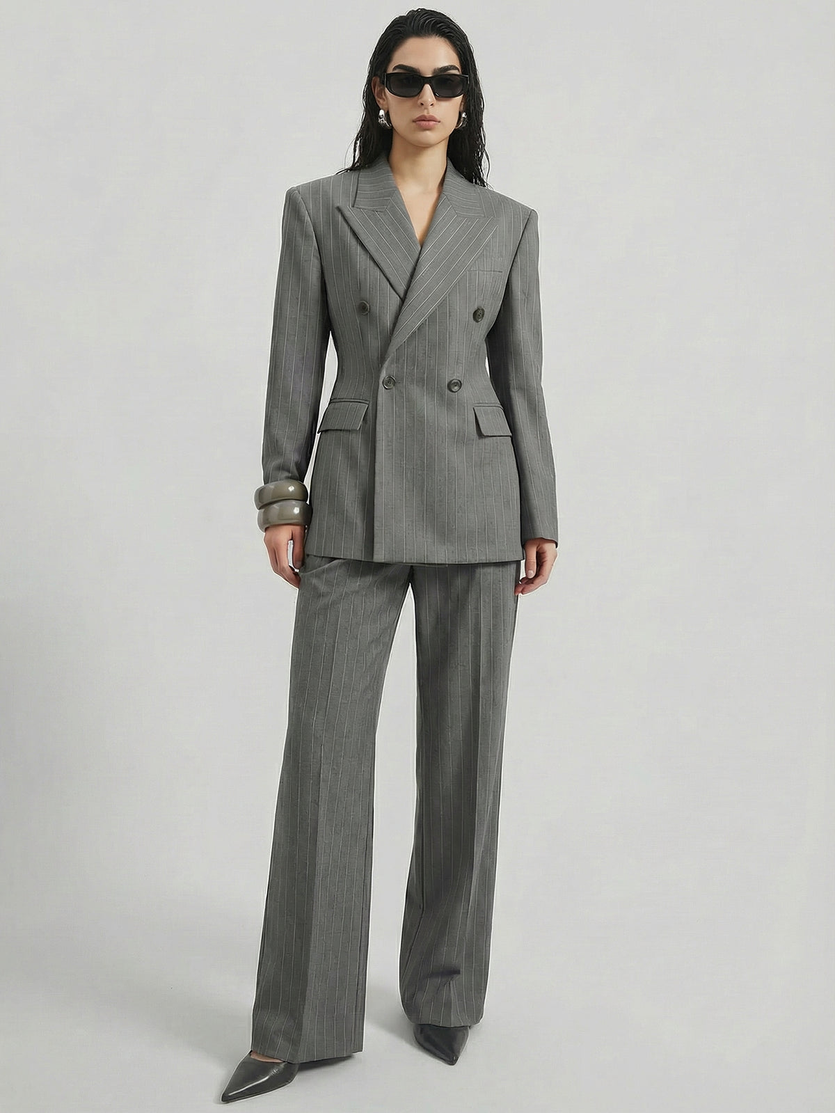 SAÏA Peaked Lapel Double-Breasted Tailored Waist Blazer-Gray