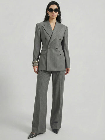 SAÏA Peaked Lapel Double-Breasted Tailored Waist Blazer-Gray