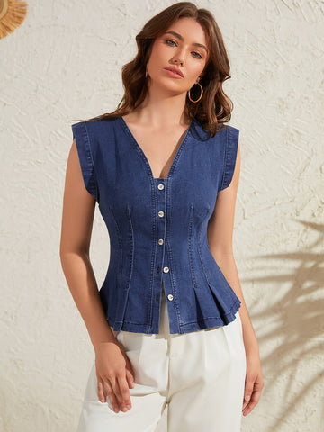 V Neck Fitted Peplum Denim Vest