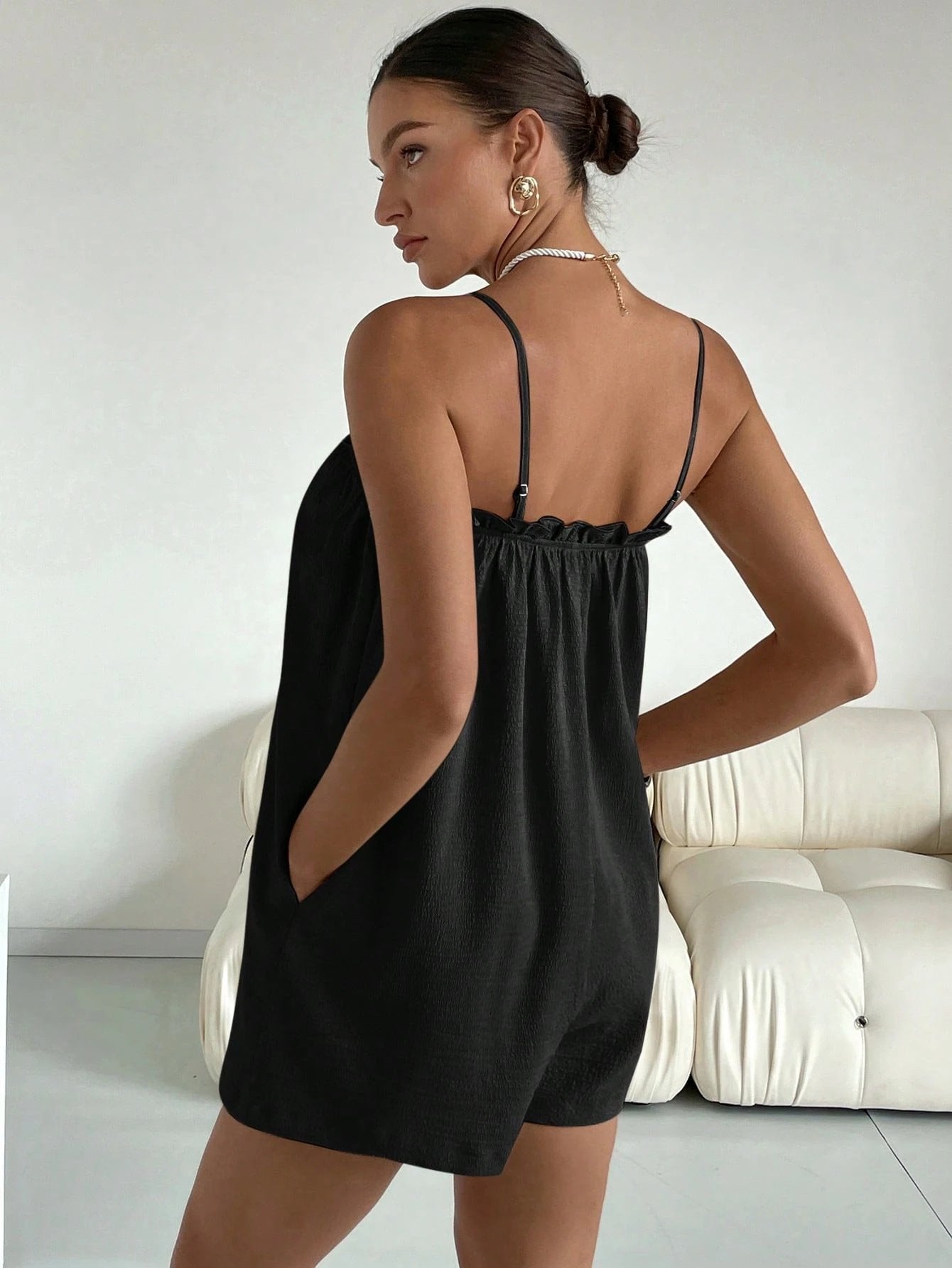 Spaghetti-Strap Ruffled Bodice Tie-Neck Vacation Romper-Black