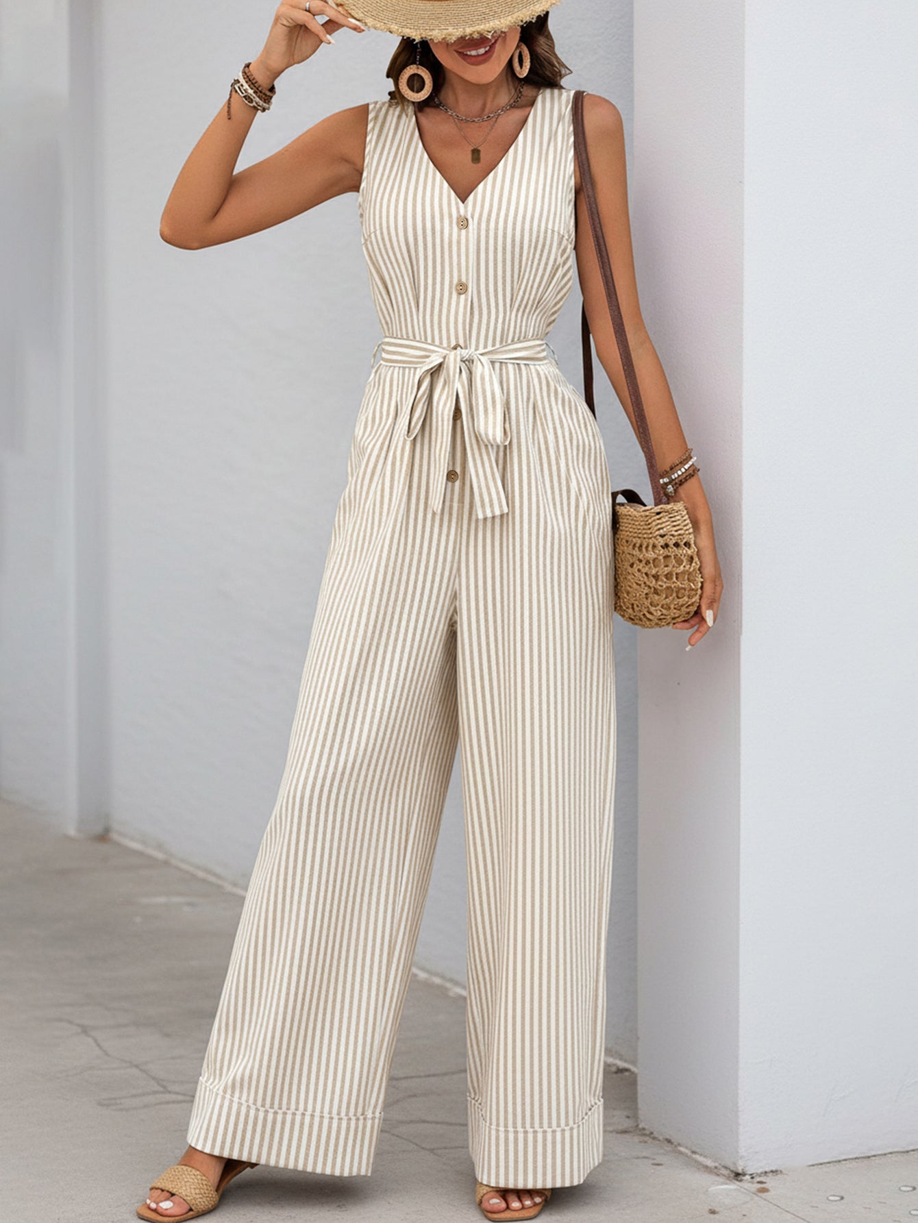 V Neck Striped Pattern Jumpsuit
