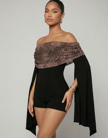 Leopard Capelet Off Shoulder Fashion Jumpsuit