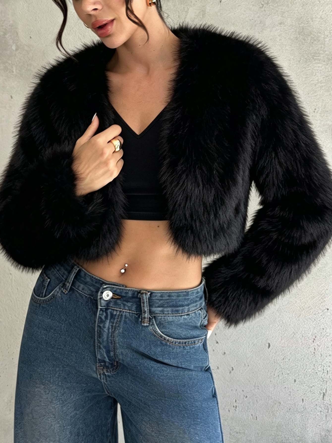 Luxury Fluffy Cropped Faux Fur Jacket