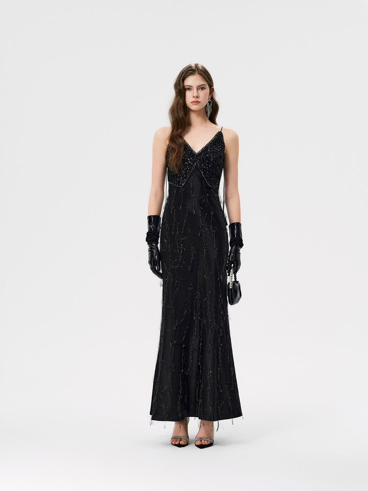Embellished Satin V Neck Maxi Dress