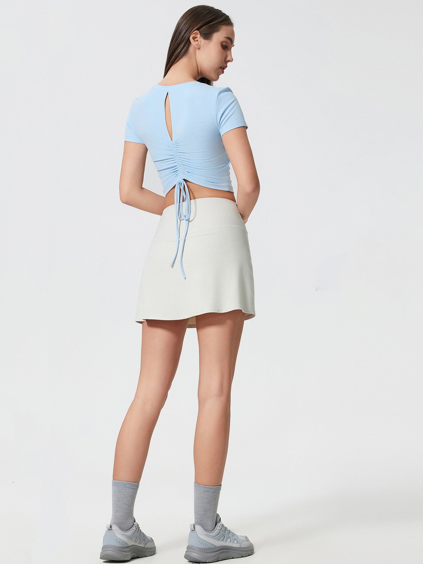 Bra-Free Drawstring Back Ruched Detail Yoga T-Shirts-Multicolor