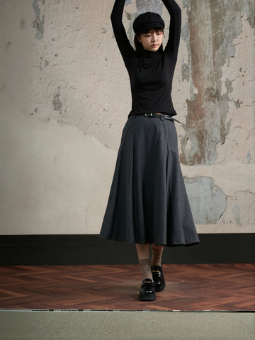 High Waisted Pleated Wool Midi Skirt