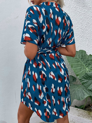 Printed Belted V Neck Dress