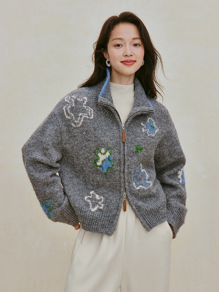 Cozy Floral Wool Zip Cardigan