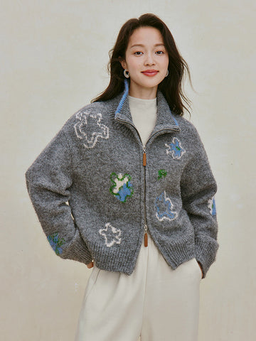 Cozy Floral Wool Zip Cardigan