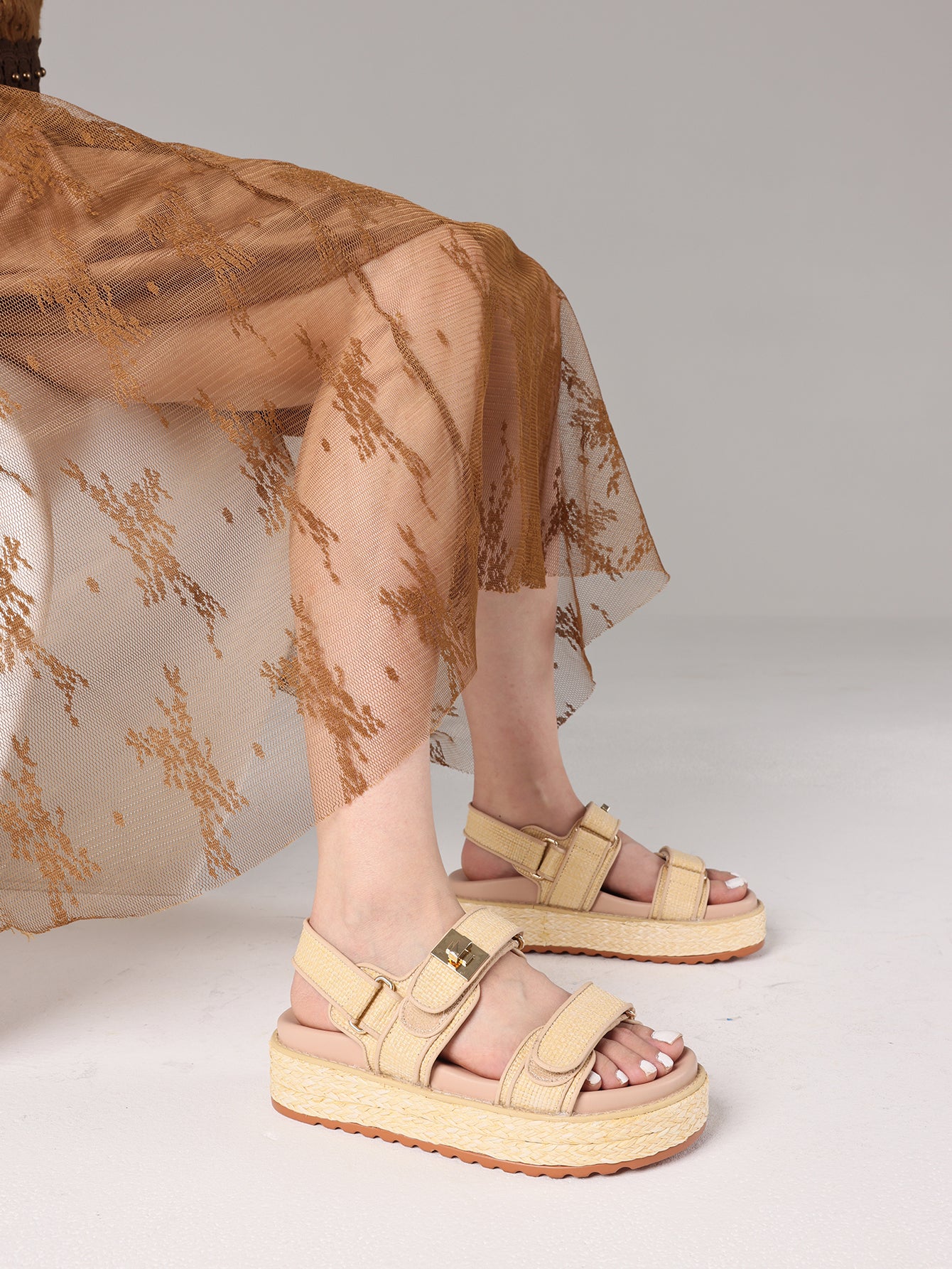 Woven Texture Strap Platform Beachy Slide Sandals-Apricot