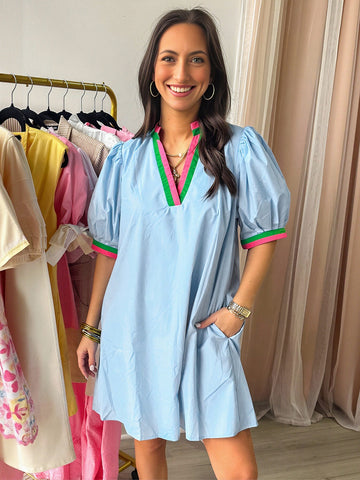 Puff Sleeve Color Trim Midi Dress