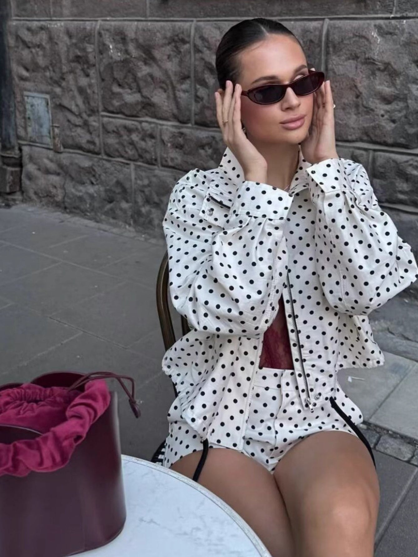 Polka Dot Cropped Stand Collar Jacket