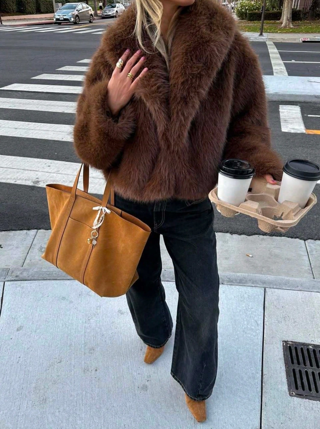 Elegant Black Cropped Faux Fur Coat