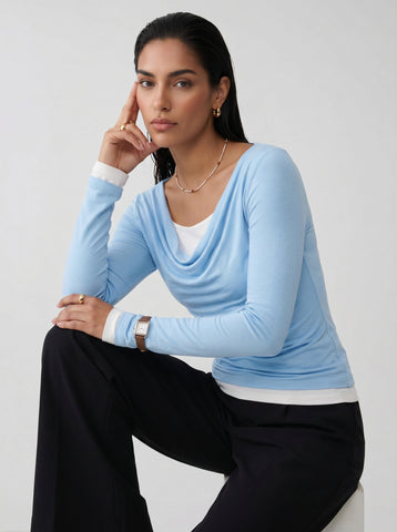 Layered Cowl Neck Long Sleeve T-shirt