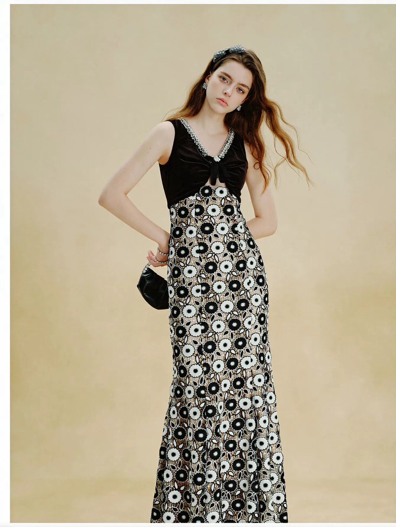 Embellished Velvet Floral Lace Maxi Dress
