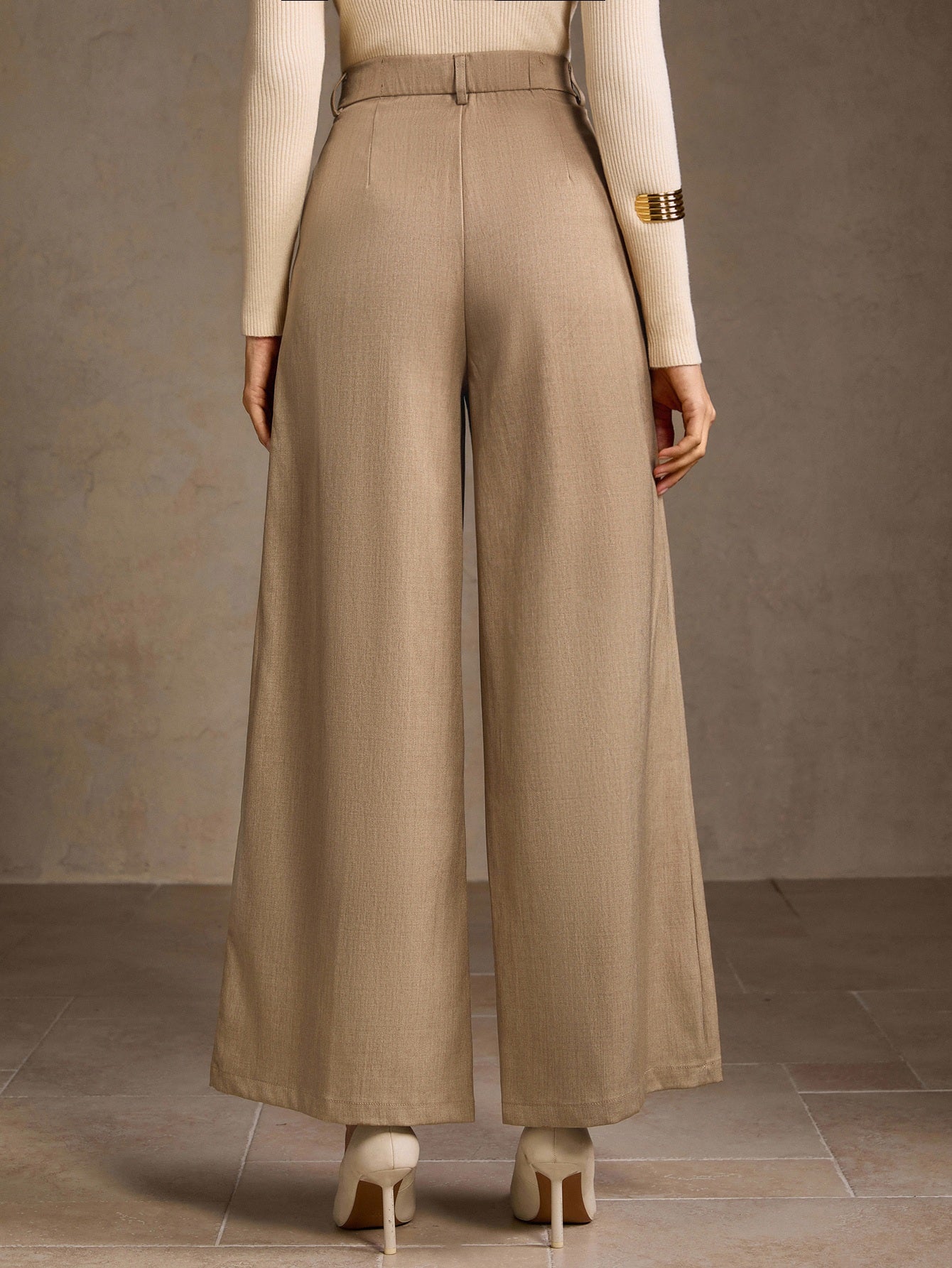 High Waisted Button Detail Wide Leg Pants