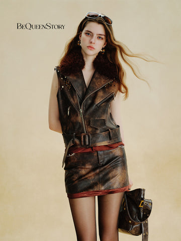 Faux Fur Trim Belted Leather Vest