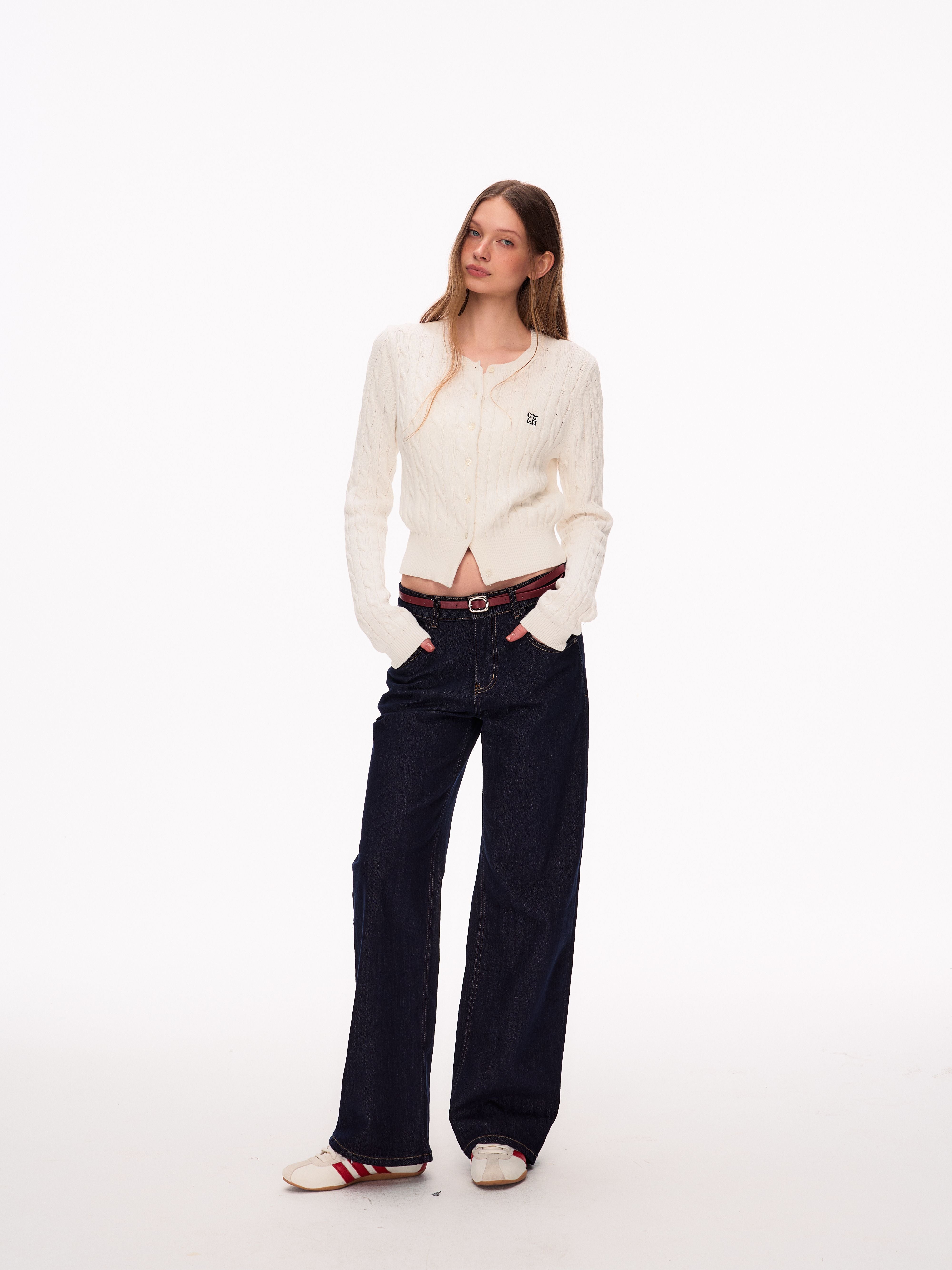 Cropped Embroidered Cable Knit Cardigan