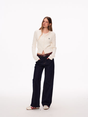 Cropped Embroidered Cable Knit Cardigan