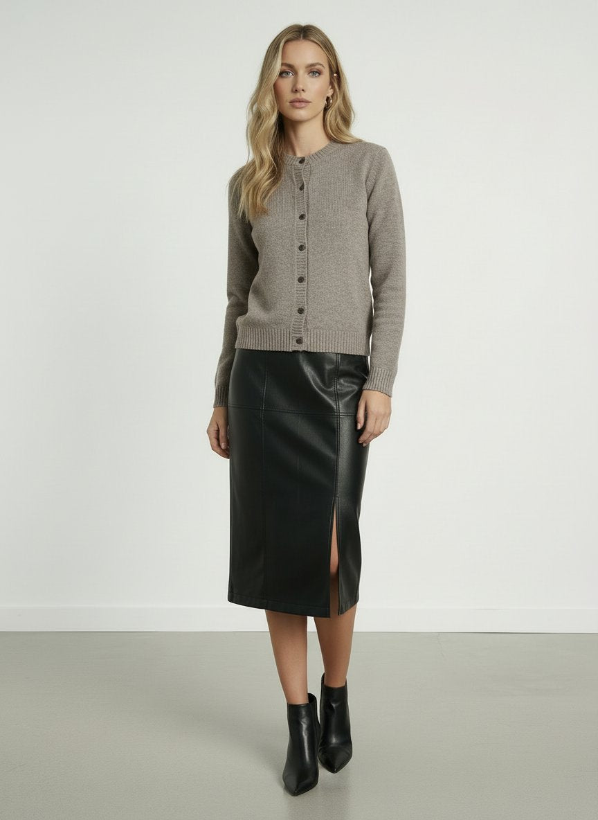 Round Neck Soft Touch Button Front Cozy Cardian-Brown