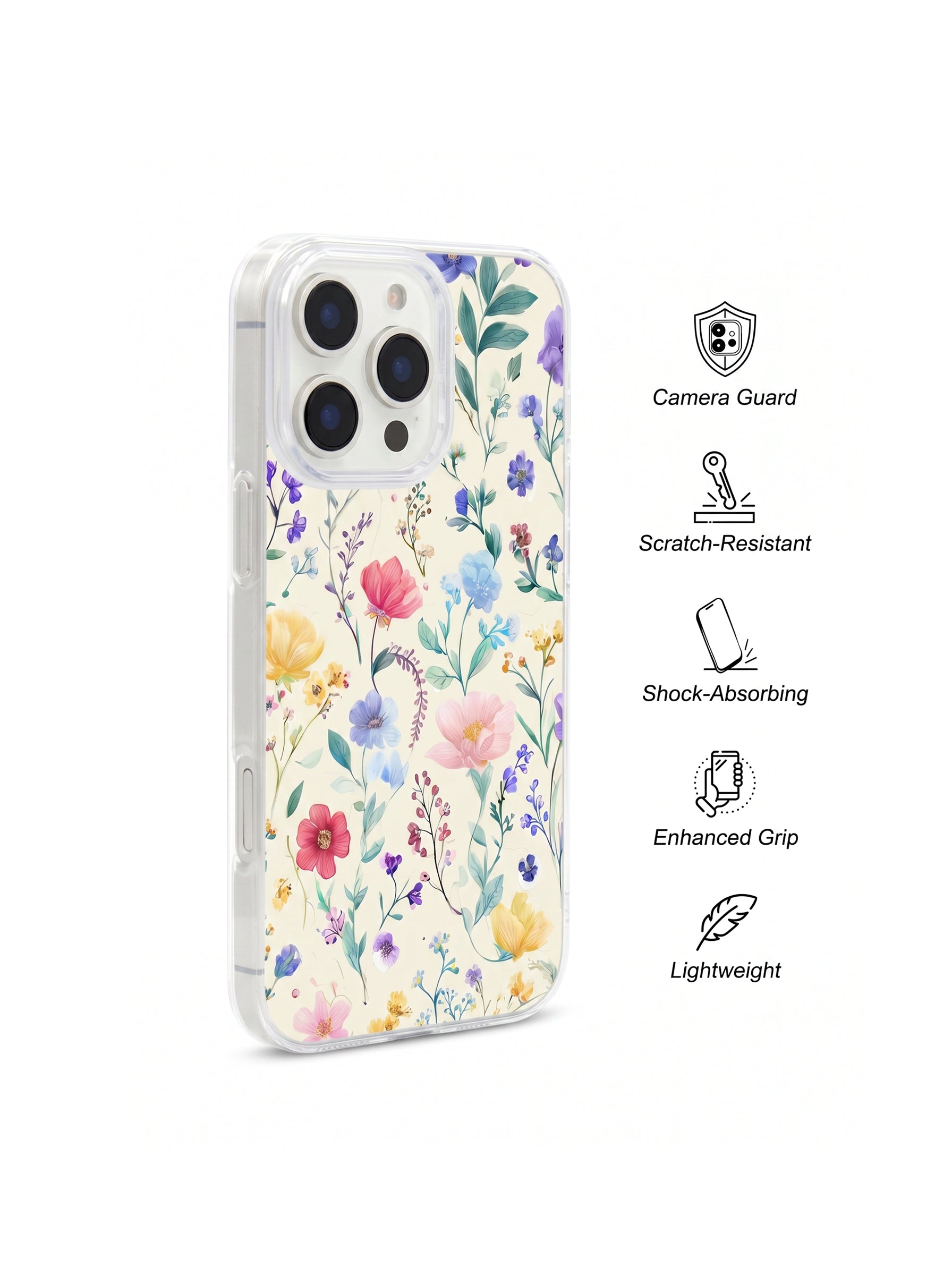 Aesthetic Watercolor Wildflower Floral Phone Case Clear Shockproof Flower Print Protective Case for iPhone
