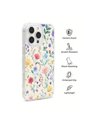 Aesthetic Watercolor Wildflower Floral Phone Case Clear Shockproof Flower Print Protective Case for iPhone
