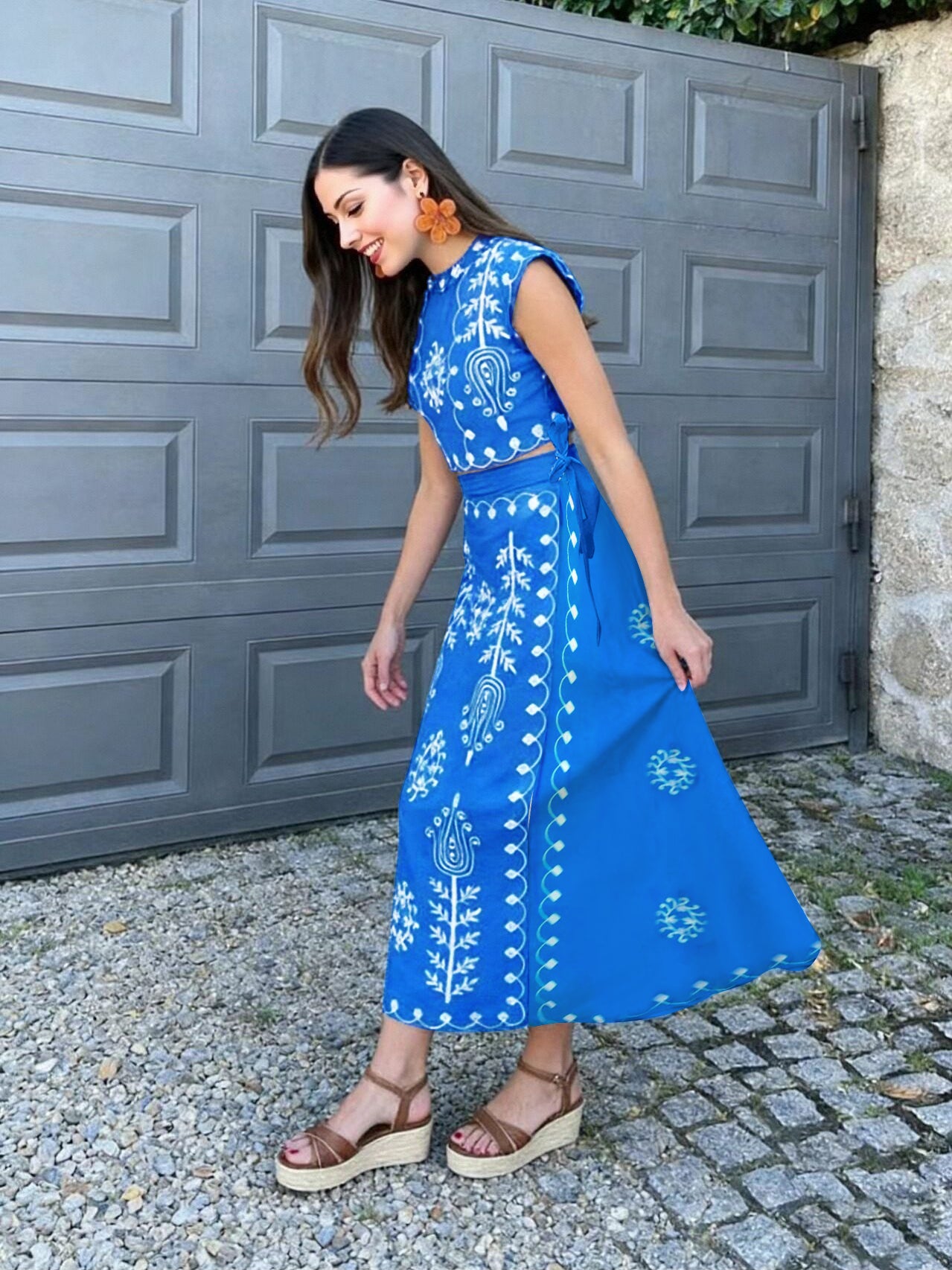 Embroidered Blue Two Piece Midi Skirt Set