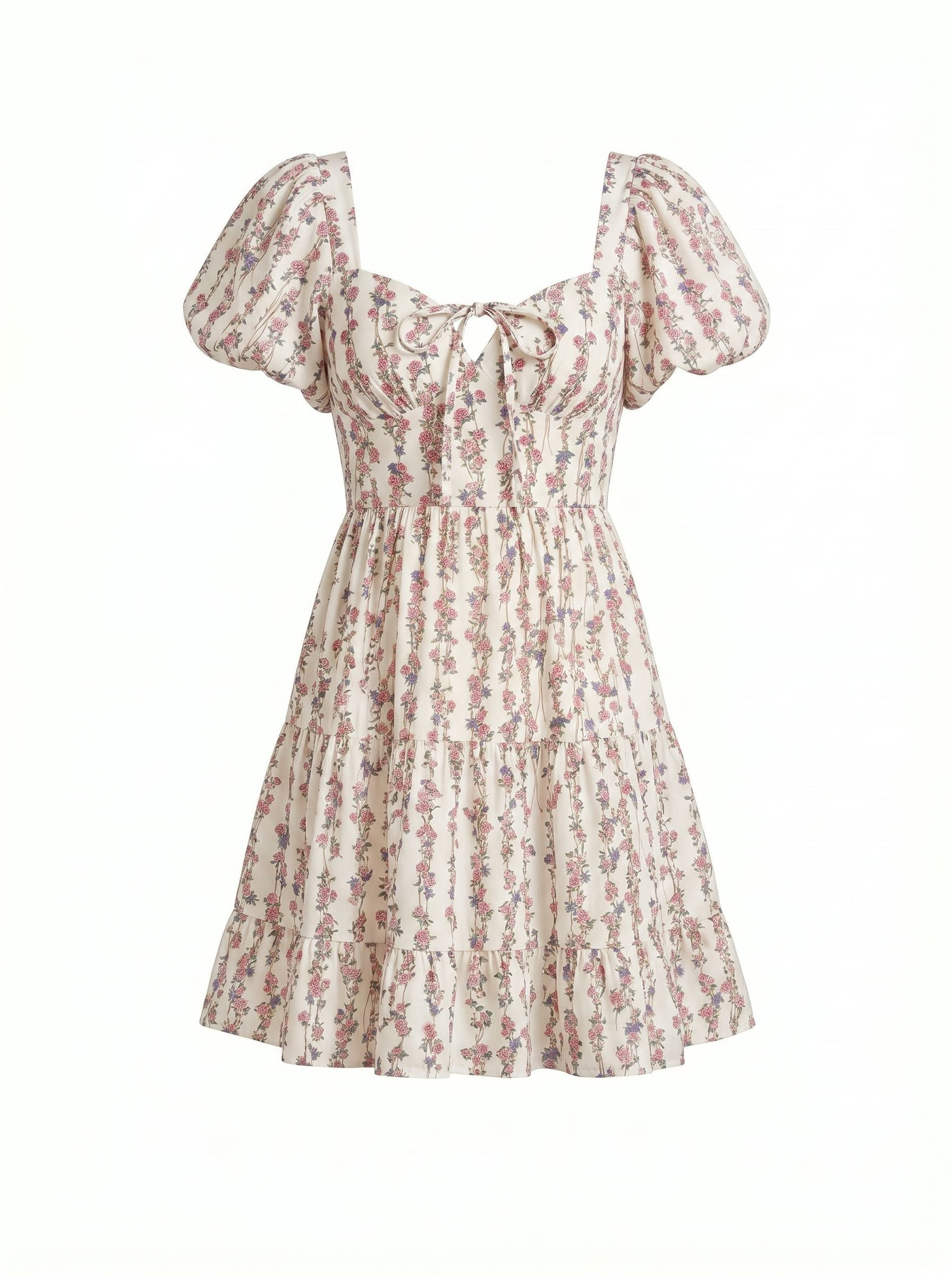AYLA Floral Print Puff Sleeve Tiered Mini Dress