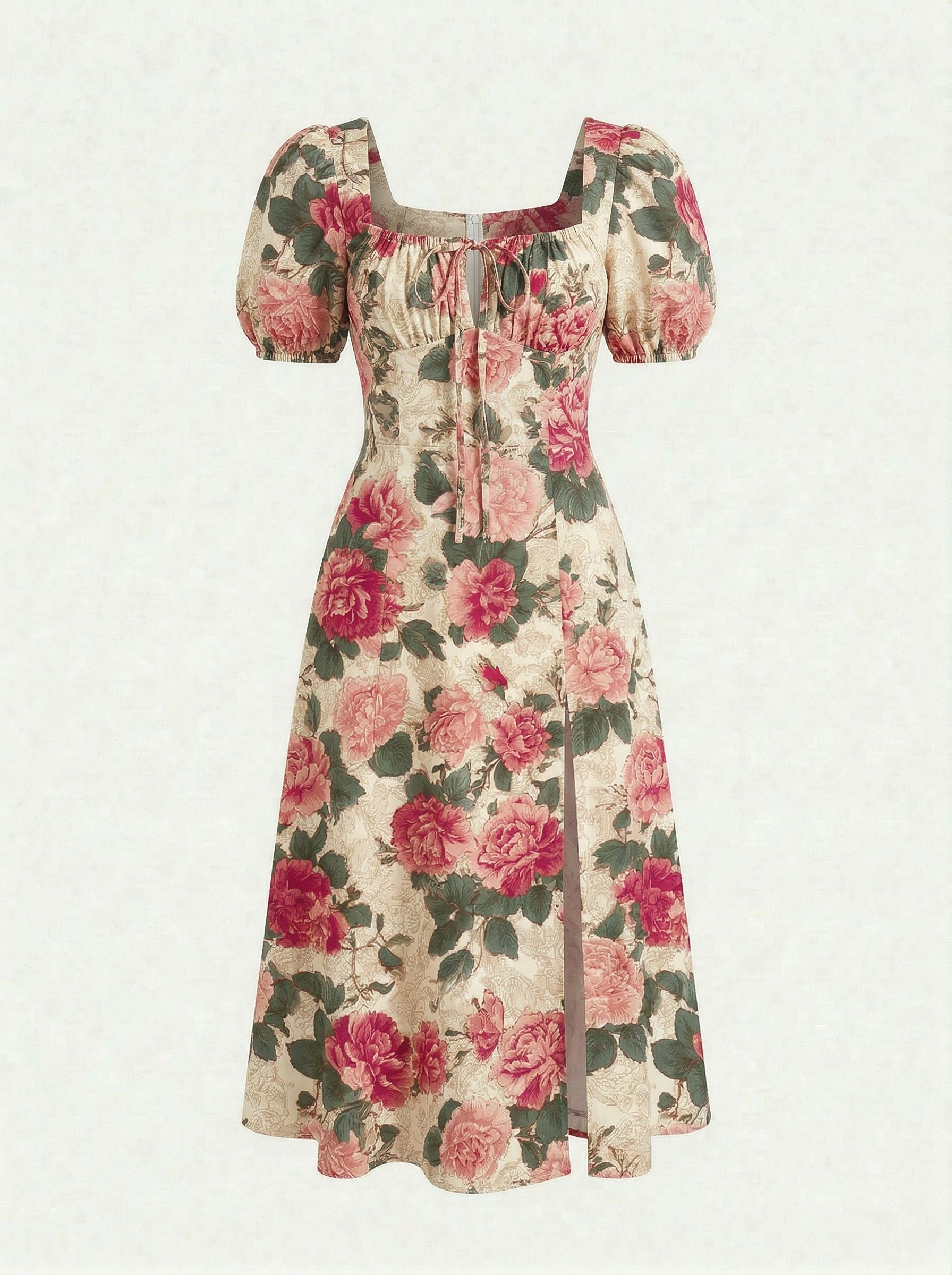Floral Print Puff Sleeve Tie MidiDress