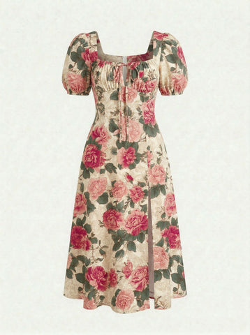 Floral Print Puff Sleeve Tie MidiDress