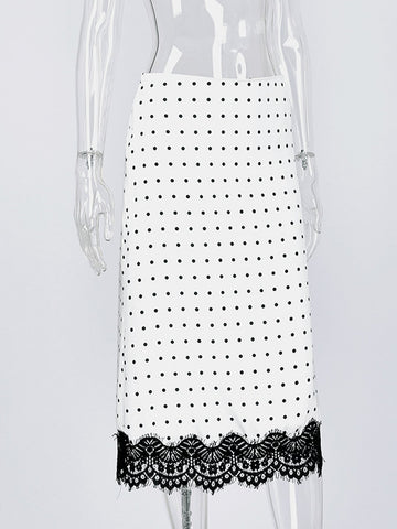 Polka Dot Lace Trim Midi Skirt