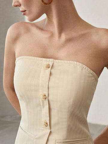 Pinstripe Strapless Top and Wide-Leg Pants Set